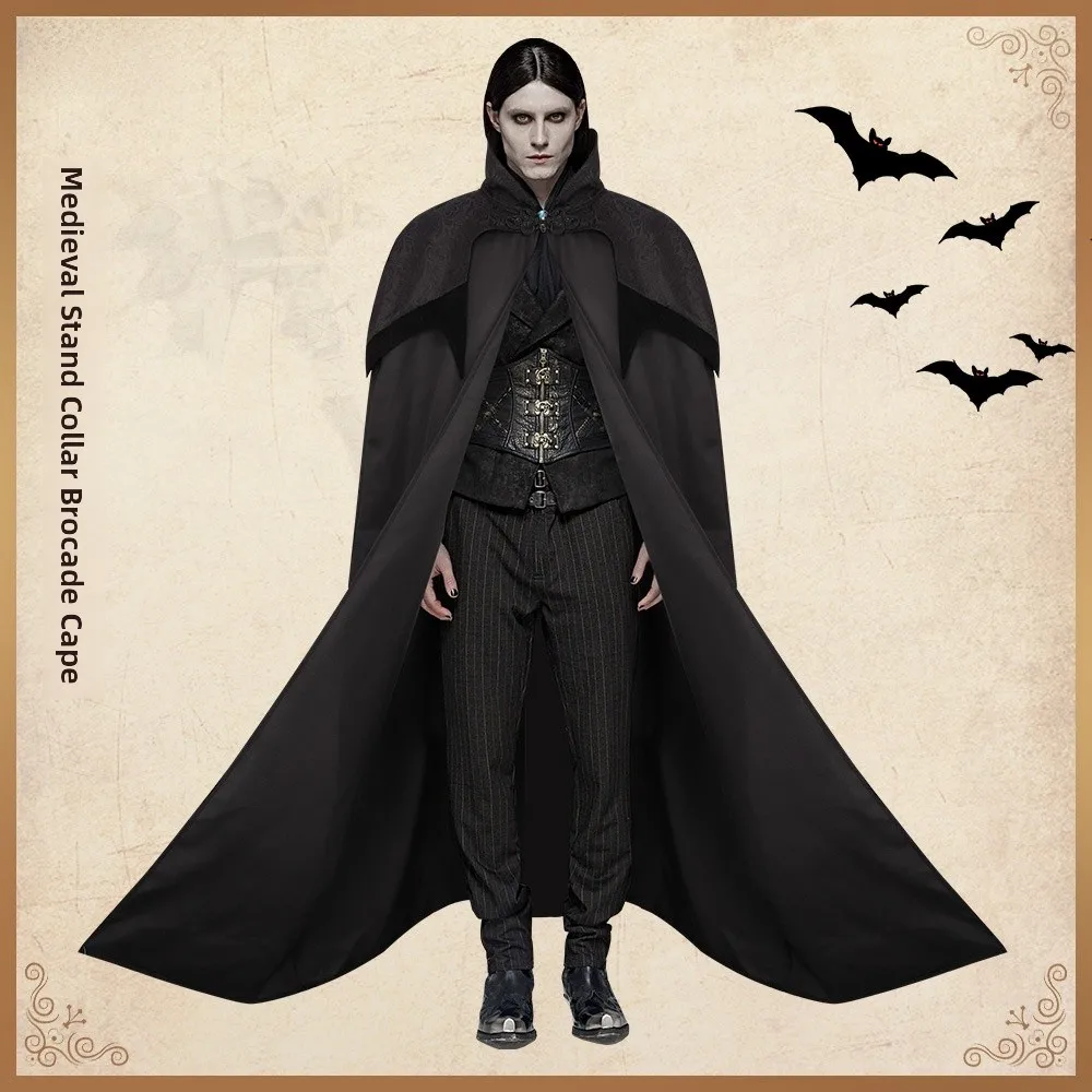 loween Vintage Medieval  Cape Stand Collar Role Play Robe Men's Faion Polyester Material Costume Accory