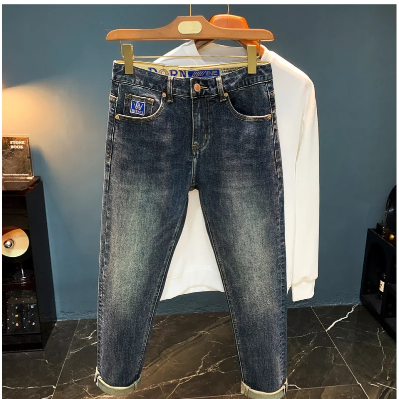 High-end herenjeans, herfsttrend 2022, gewassen Amerikaanse casual kleine rechte elastische broek heren