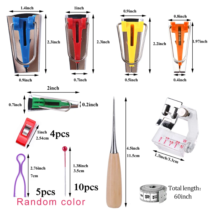 IMZAY Bias Tape Makers Set Different Sizes Bias Tape Maker Plastic Sewing Clips Wooden Awl Sewing Tools Accessories Kit