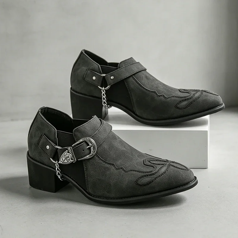 Men's Vintage Cowboy Boots Leather High Top Chain Buckle Strap Punk Shoes Fashion 2026 Pointed Toe Biker Ankle Boots for Men