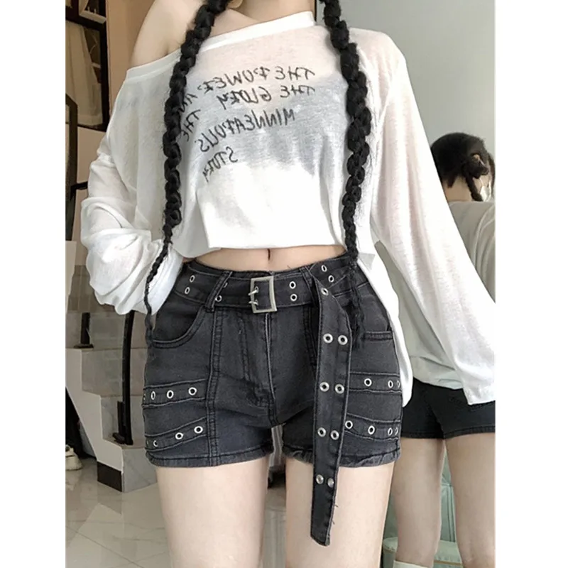 Women Black Gothic Denim Shorts Y2k Jeans Short Pants Harajuku Aesthetic Vintage Cowboy Shorts 2000s Trashy Clothes Summer