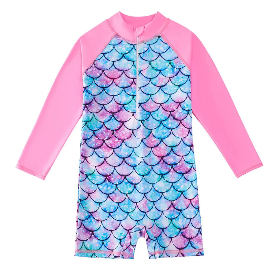 

Children Swimsuits Summer Girls Long Sleeves Mermaid Fish Scale Adorable One-Piece Swimsuit Kids Sunv Proof Surf Suits