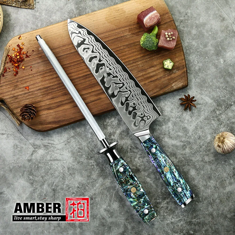 Amber western knifes set 45-layer Damascus Steel 9Cr18MoV core kitchen knife set with Abalone Shell Transparent Resin Handle