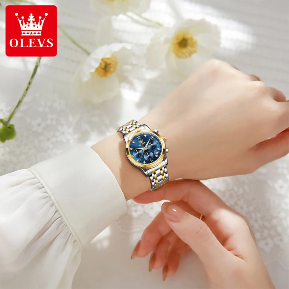 OLEVS นาฬิกาคลาสสิกสำหรับสุภาพสตรีแฟชั่นนาฬิกาควอทซ์กันน้ำสำหรับผู้หญิงแต่งตัวสแตนเลสนาฬิกาข้อมือเทรนด์แท้