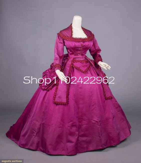 Magenta Wool Sateen Evening Gown Long Sleeve Silk Stain Lace Applique Ruched Ruffles Skirt Victorian History Prom Dress