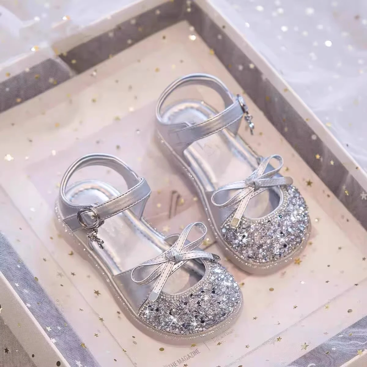 

Kids'Casual Shoes Sandals Bow Sequin Princess PU Leather Summer Shoes For Hook and Loop Girls Beige Pink Shoes Size 23-35