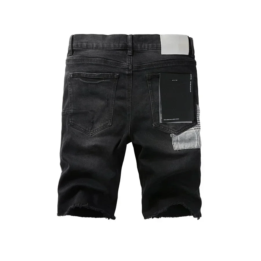 Pantalones vaqueros cortos de alta calidad para hombre, pantalones cortos de mezclilla negros con agujeros, pantalones cortos con botones, pantalones vaqueros elásticos de marca