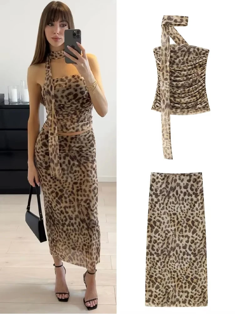 HH Vintage Rok Set Voor Vrouwen 2024 Lente Luipaard Print Casual Pak Hoge Taille A-lijn Rok + Halterneck Off-Shoulder buis