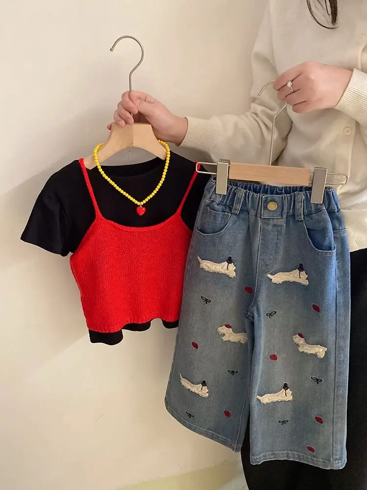 

knitted suspender 2025 spring new cartoon jeans set Korean girls' short sleeved T-shirt base coat