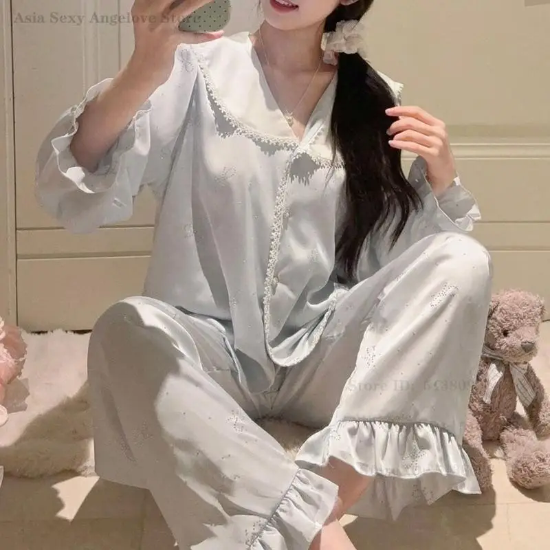 

Женский весенний новый комплект пижам из 2 предметов: милый атласный домашний костюм, сексуальная шелковая пижама с длинным рукавом, простая модная одежда для дома и отдыха