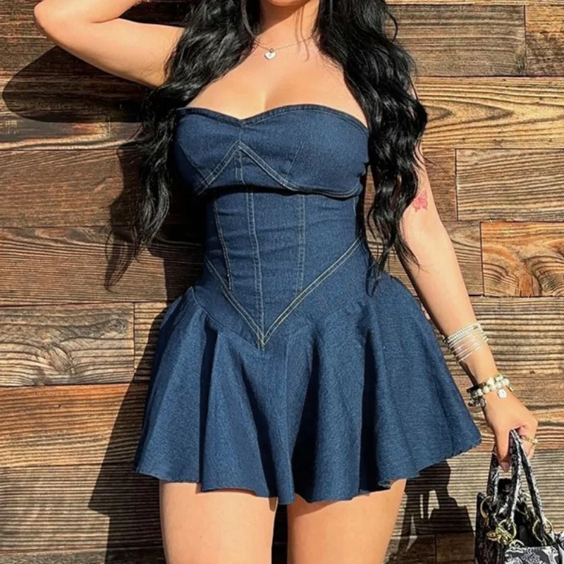 

2024 Summer New European and American Style Sexy Bra Imitation Denim Skirt Female Dress