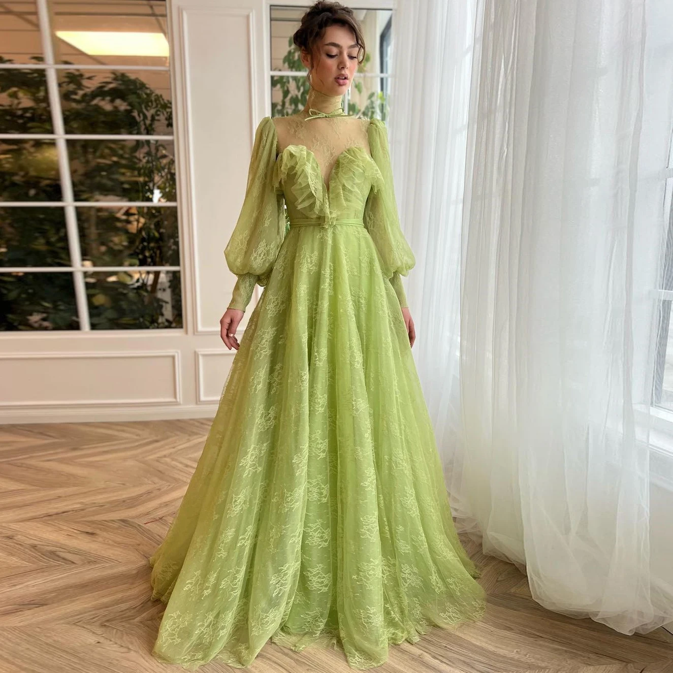 

Eeqasn A Line Lace Formal Prom Dresses Long Puff Sleeves High Neck Evening Gowns Ruffles Special Women Formal Event Dress