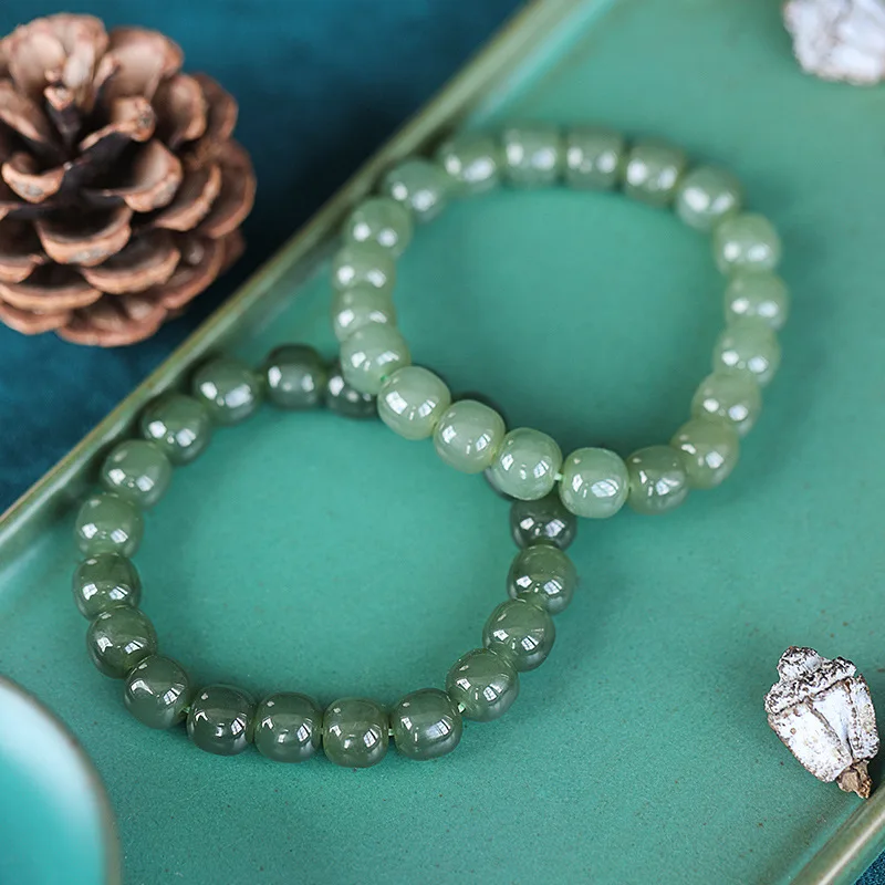Natural Lake Green Nephrite Jade Old Mine Beads Adjustable Bracelet, Healing Energy Wealth Luck Women