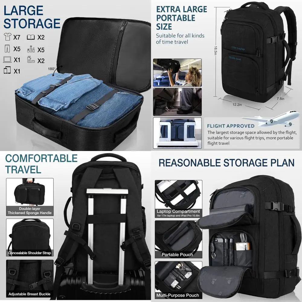 Mochila de viaje de mano aprobada, para computadora portátil 17, bolsa para artículos personales - Negro