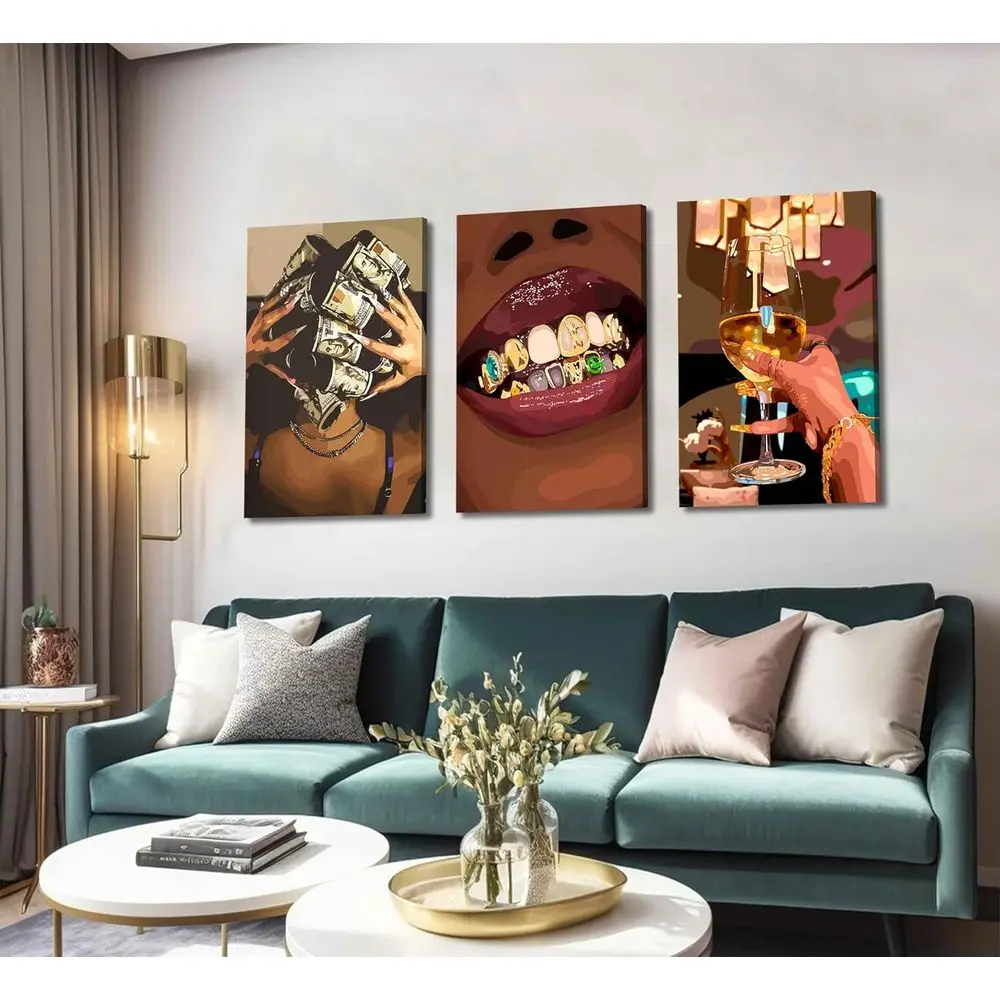 فن جداري عصري فاخر للفتيات مكون من 3 قطع - مطبوعات قماشية للنساء الأفريقيات الأمريكية لديكور المنزل، مقاس 16 × 24 بوصة #5