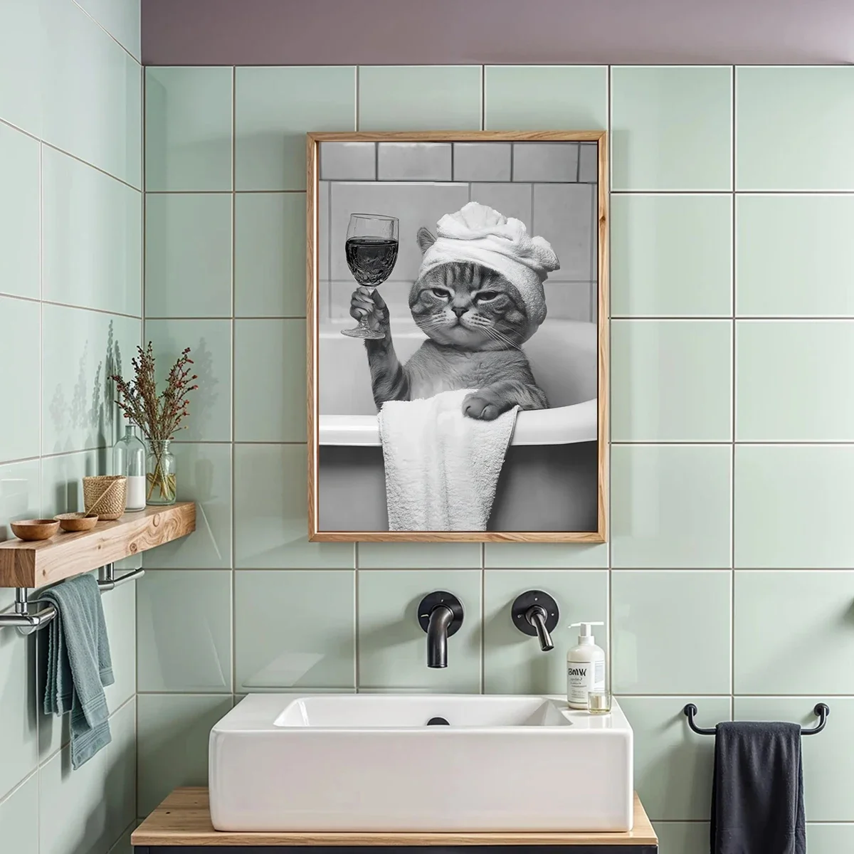 مضحك قضاعة و الراكون الحمام قماش المشارك القط شرب الحيوانات أبيض وأسود جدار الفن جدارية لغرفة المعيشة الحديثة ديكور المنزل #5