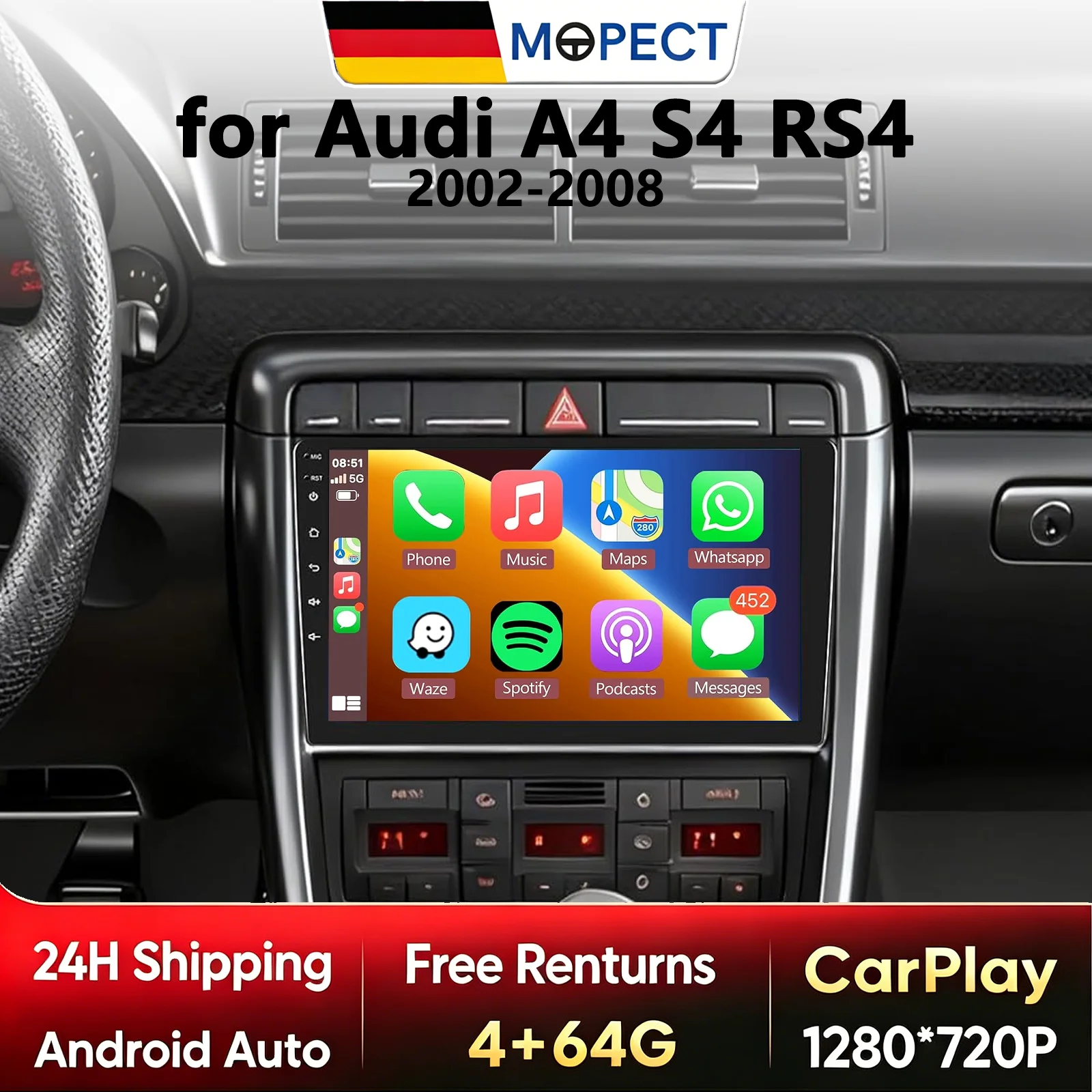 MOPECT 9-Zoll Android 15 Autoradio für Audi A4 B8 B7 B6 S4 RS4 CarPlay Stereo Multimedia-Videoplayer Automotive 2 Din Autoradio DAB