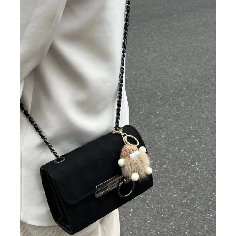 JIAERDI Retro Black Shoulder Bags Women Vintage Velvet Chain Square Bag Handbag Ladies Versatile High Street Messenger Bag New