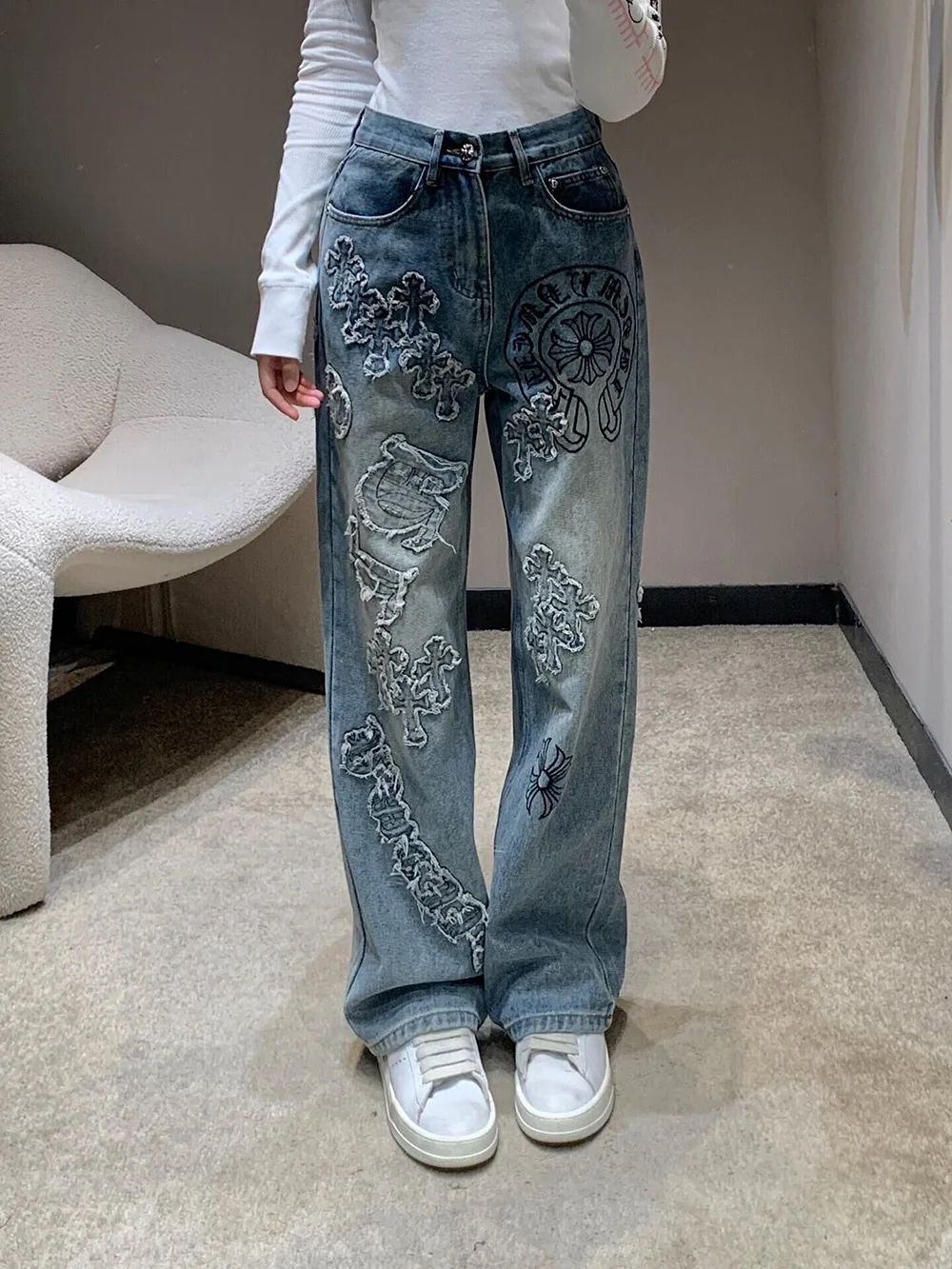 

Американские джинсы с высокой талией и прямыми штанинами, женские, весна 2026, свободные широкие брюки, длинные штаны с вышивкой крестиком