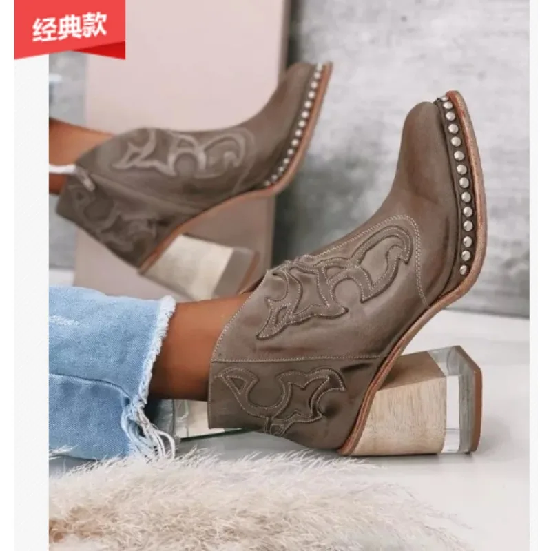 Female Ankle Boots 2023 Leather Women\'s Shoes Low Heel Cool British Embroidered Design Soft Short  Party Ladies Footwear