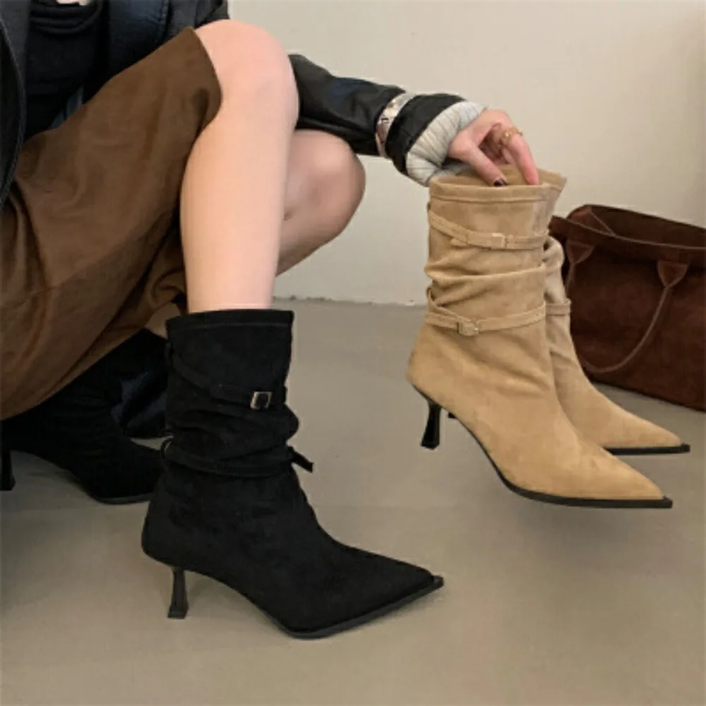 

Women Suede Ankle Pointed Toe Women Boots High Heels Boots Pumps Goth Fashion Heeled Boot Winter Women Short Boot Fashion