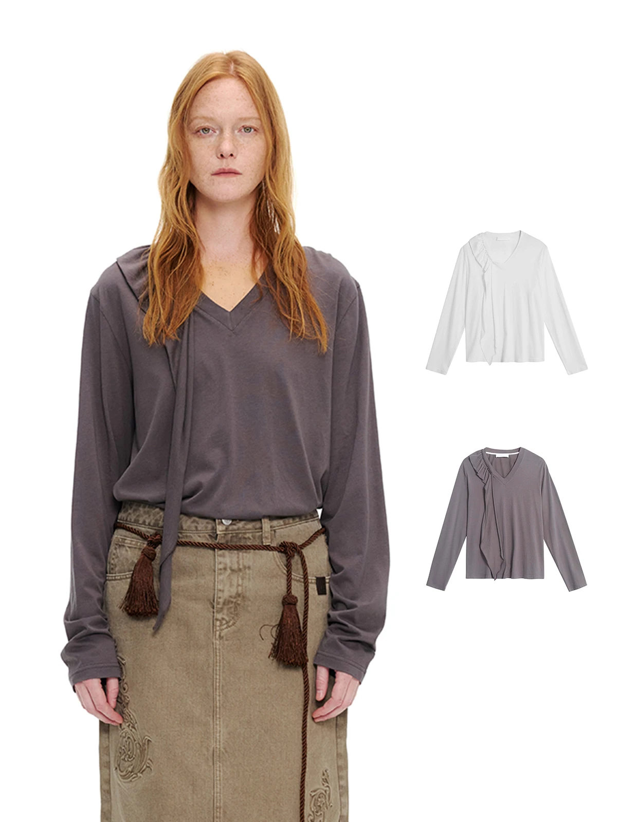 

Футболка UHOOWU с длинным рукавом из шерсти и кружевной отделкой, повседневная, свободного кроя, однотонная, с V-образным вырезом, женская, для ранней осени