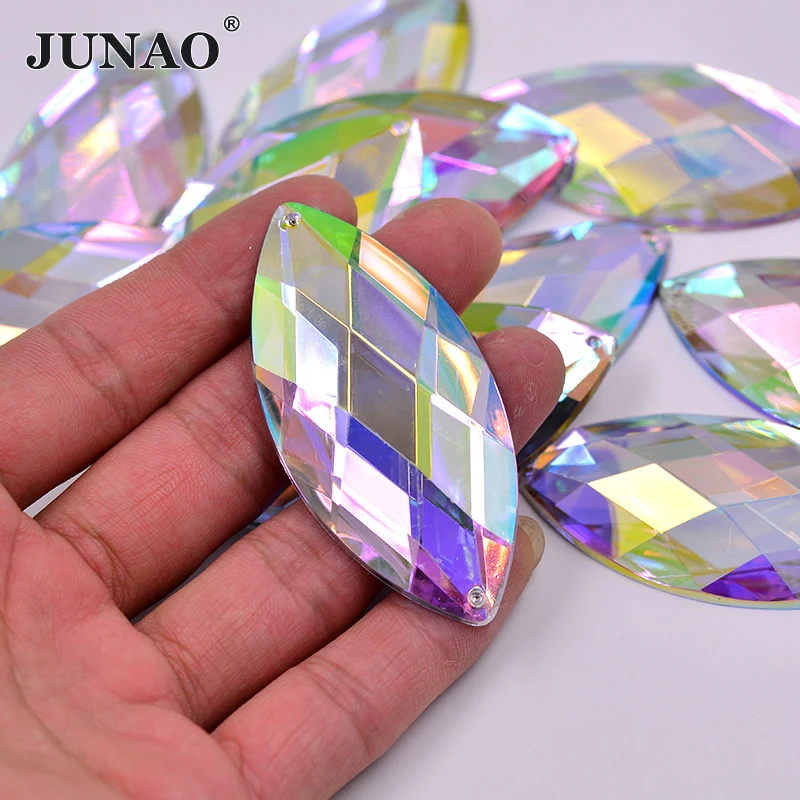 JUNAO Big Size 20Pcs 30*62mm Crystal AB Sew On Acrylic Stones Horse Eye Rhinestones Flat Back Stones For Clothes Decoration