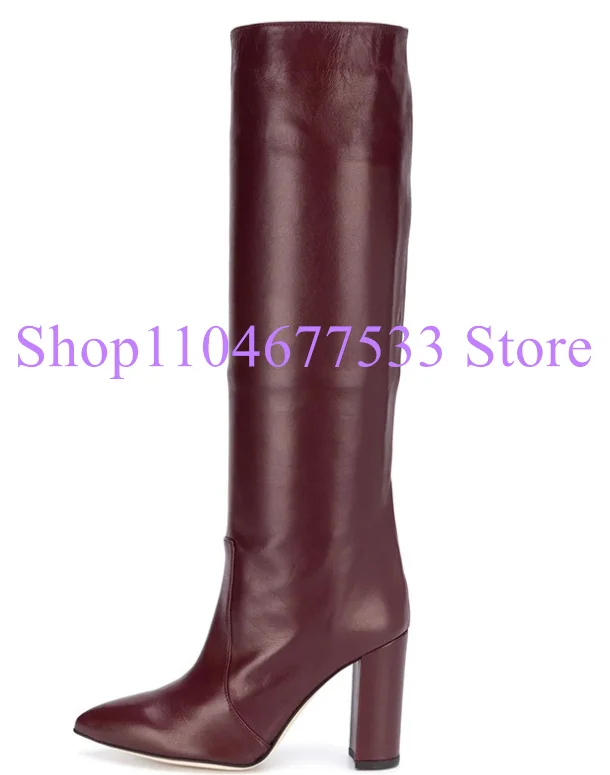 Wine Red Chunky Heel Woman Long Boots Fashion Pointed Toe Thick Heel Lady Knee High Boots Large Size Banquet Dress Shoes
