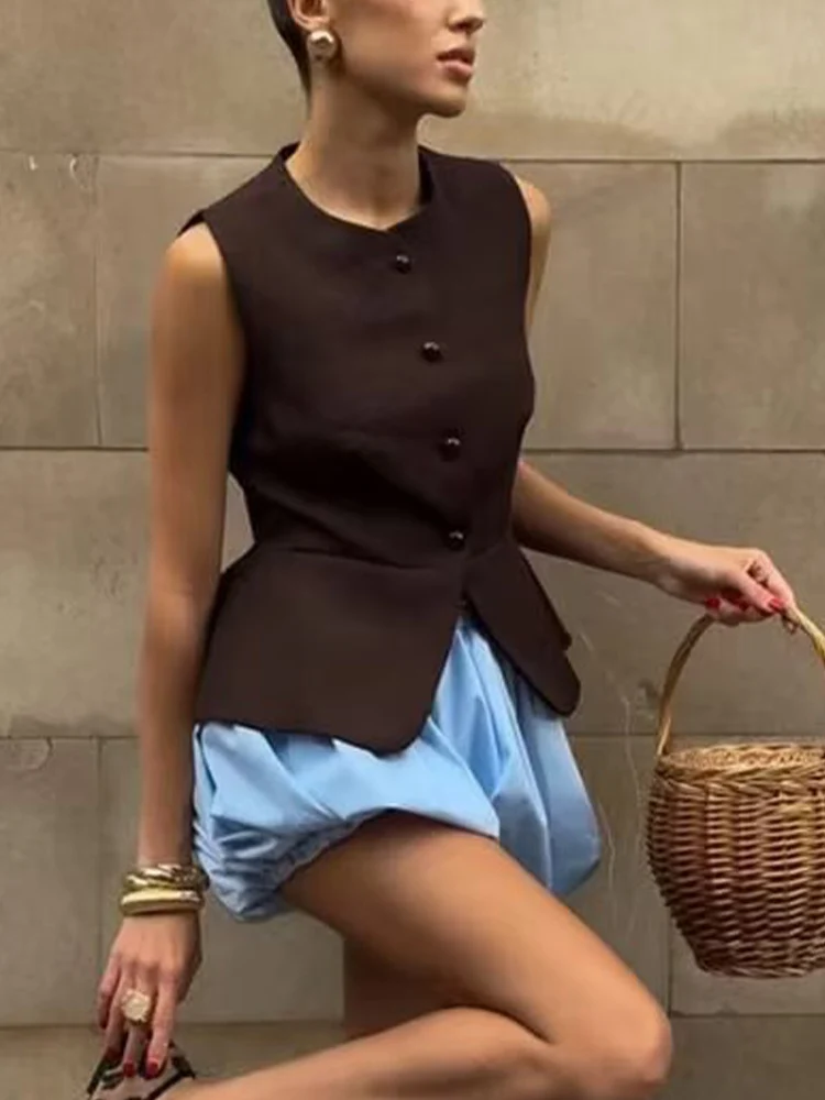 

European and American style autumn new women's fashion commuting all-match slim design two-color round neck suit vest