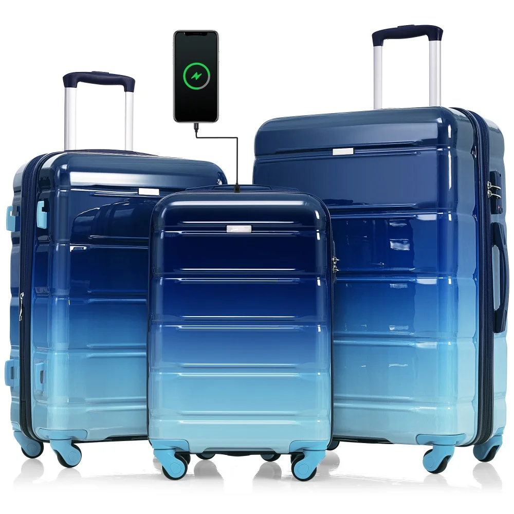 

20 Inch Airline Certified Carry on 3 Piece Luggage Set USB Port ABS+PC Hardshell Lightweight Durable Spinner Wheels Suitcase