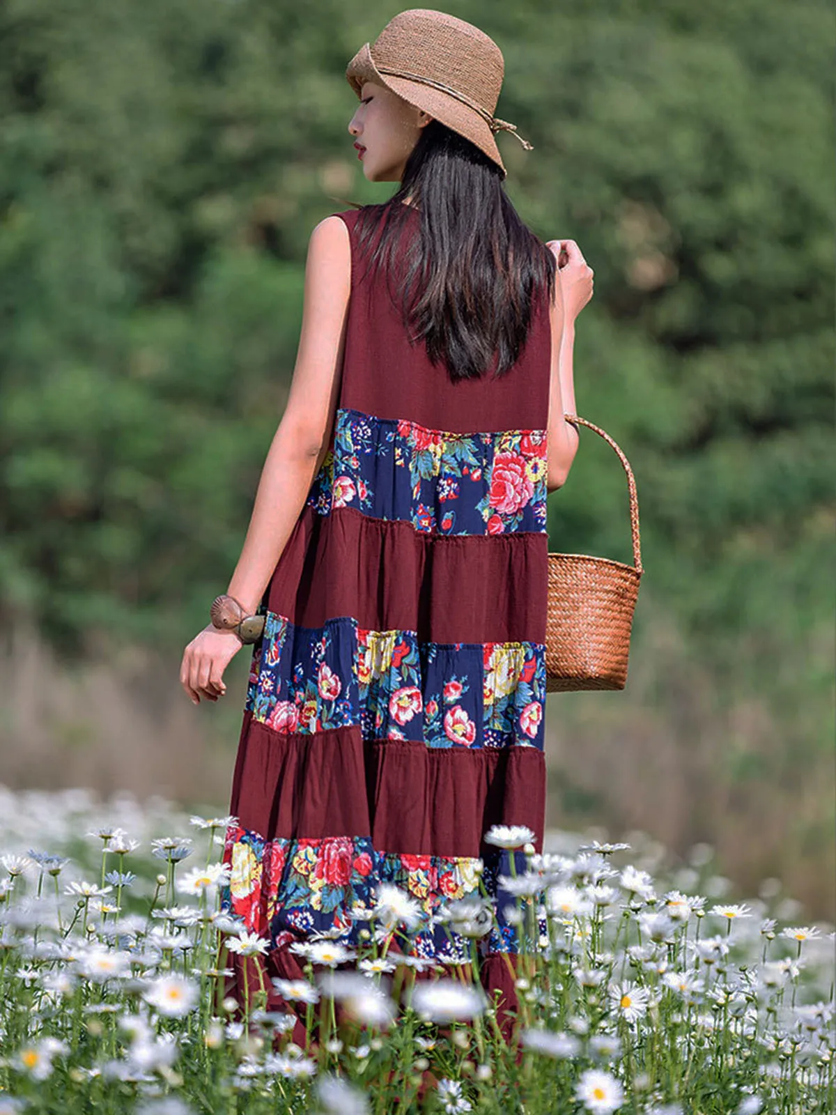 Style ethnique loisirs coton lin robes sans manches femmes été Floral Patchwork bohème ample grande balançoire Maxi longue robe