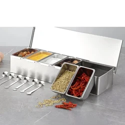 Stainless Steel Seasoning Container with Lid Salt Pepper Sugar Spice Container Kitchen Spice Rack Multi Compartments Storage Box