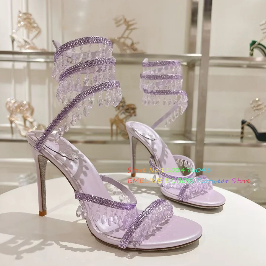 

2024 New Snake Wrapped Water Diamond Tassel High Heel Sandals for Women Peep Toe Elegance Fairy Crystal Shoes Wedding Shoes