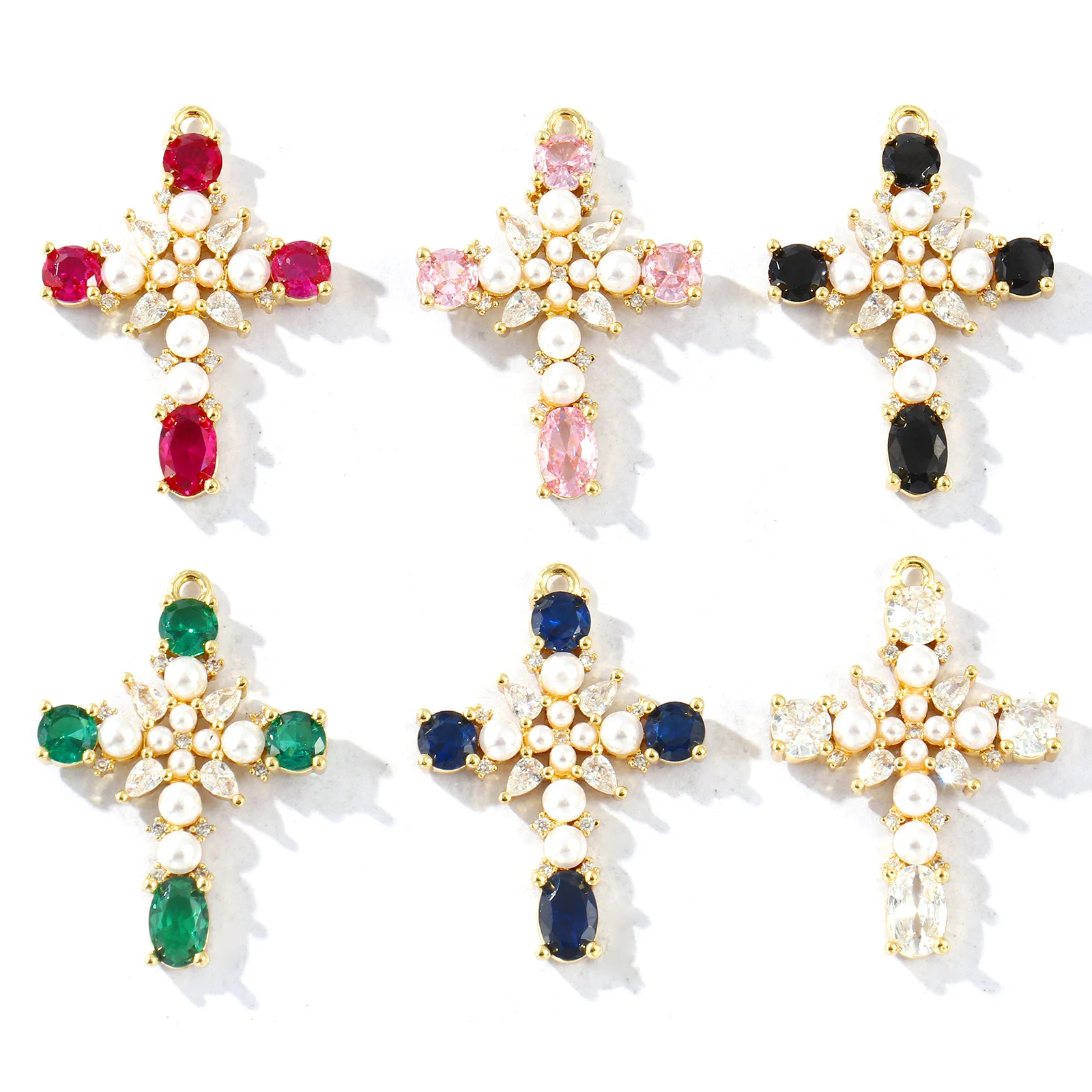 1 Stück religiöse Anhänger, Strass-Kreuz, Acryl, Imitationsperle, Messing, 18 Karat vergoldet, Anhänger für DIY-Halskettenherstellung, 27 mm x 19 mm