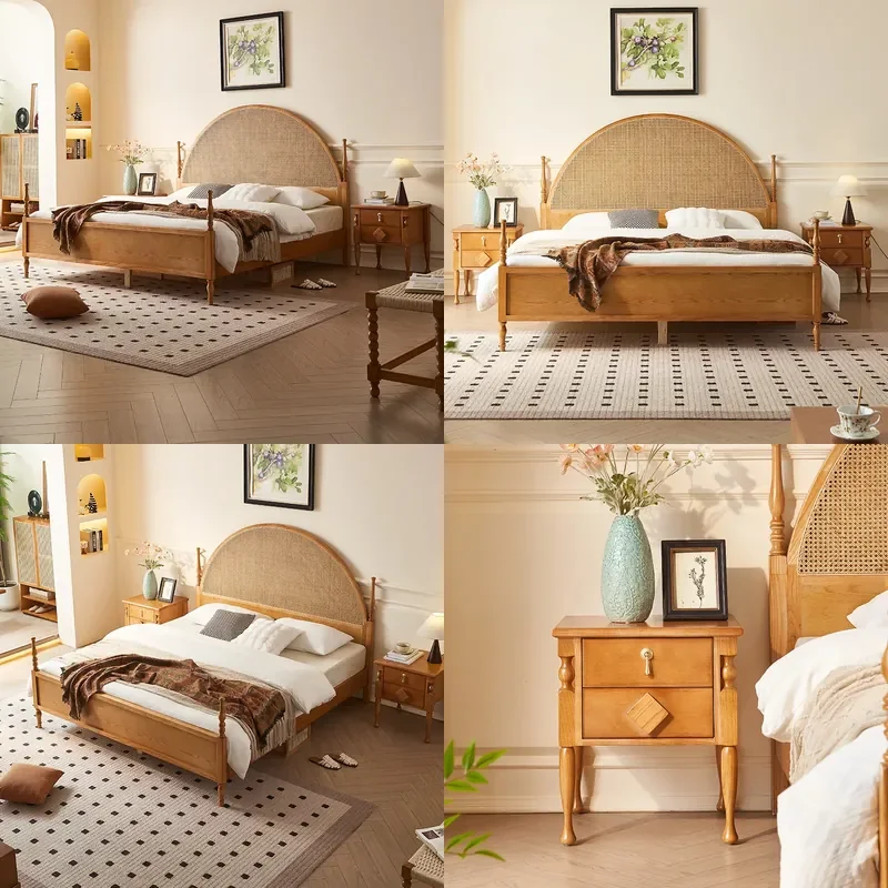 For 1.5m 1.8m Solid Wood Bed New Chinese Style Antique Rattan Semi Round Double Bed Frame Bedroom Furniture  Hotel Decor