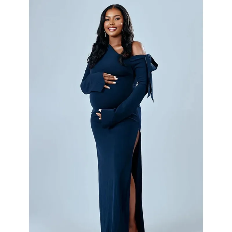 Maternity Dress Photoshoot One Shoulder Off Shoulder Bow High Slit Long Sleeve Pregnancy Gown Pregnancy Photography Dresses