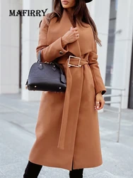 Elegant Female Belt Winter Trench Coats Long Sleeve V Neck Slim Office Solid Coat Vintage Women Streetwear Long Overcoats