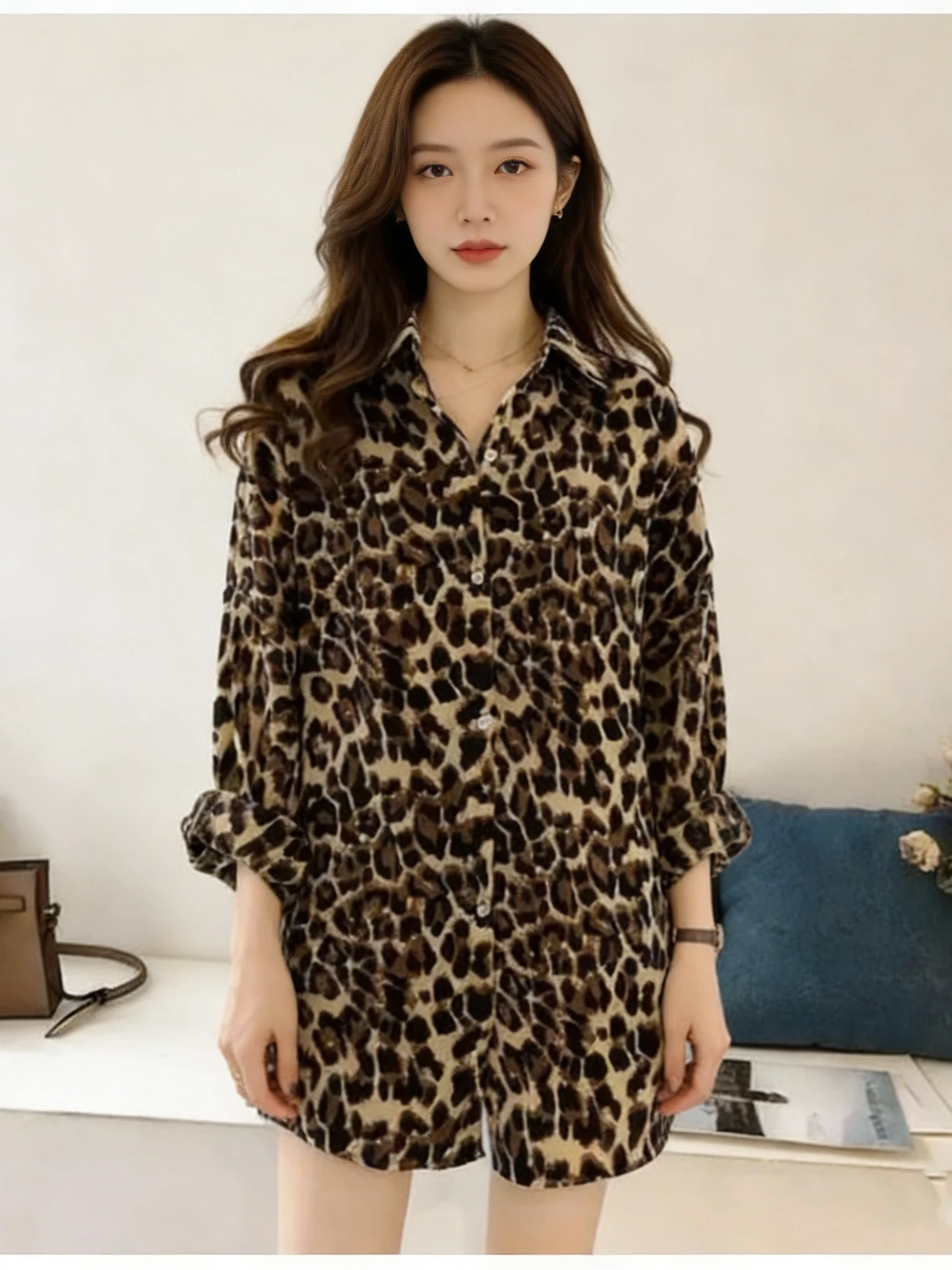 

Women's Mid-Length Leopard Print Lapel irt Casual Sle Slim Fit Long Sve Polyester Fabric V-Ne Button Closure