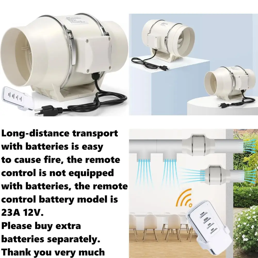 

4 Inch Variable Speed Radon Ventilation Blower with Remote Control, 50W, 280cm Length, Quiet Copper Motor for Bathroom and Kitch