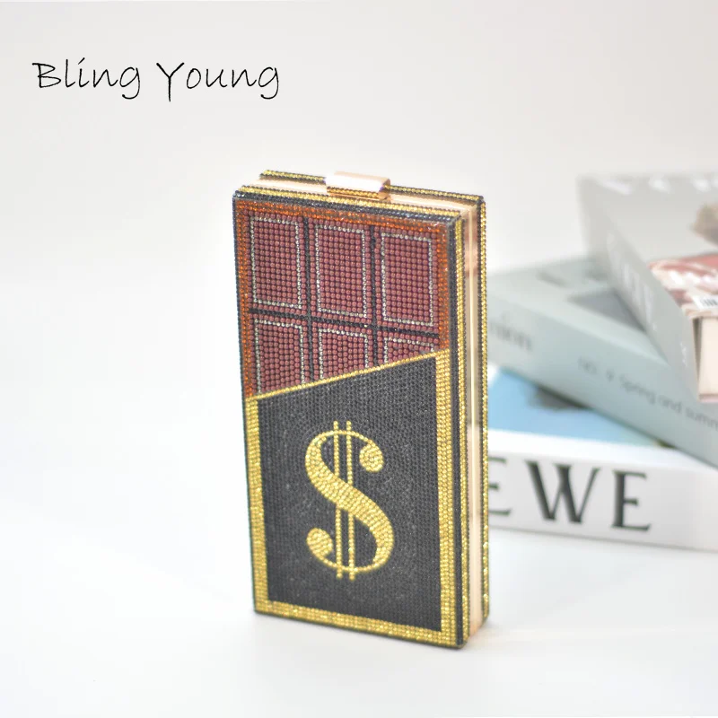 

Chocolate Evening Clutch Bag Luxury Women Wedding Shiny Handbags Bridal Metal Dollar Clutches Bag Chain Shoulder Bag