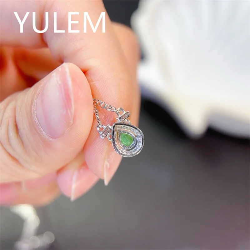 YULEM 4x5mm Natural Water Drop Emerald Silver 925 Pendant with Platinum Plating for Women Daily Wear