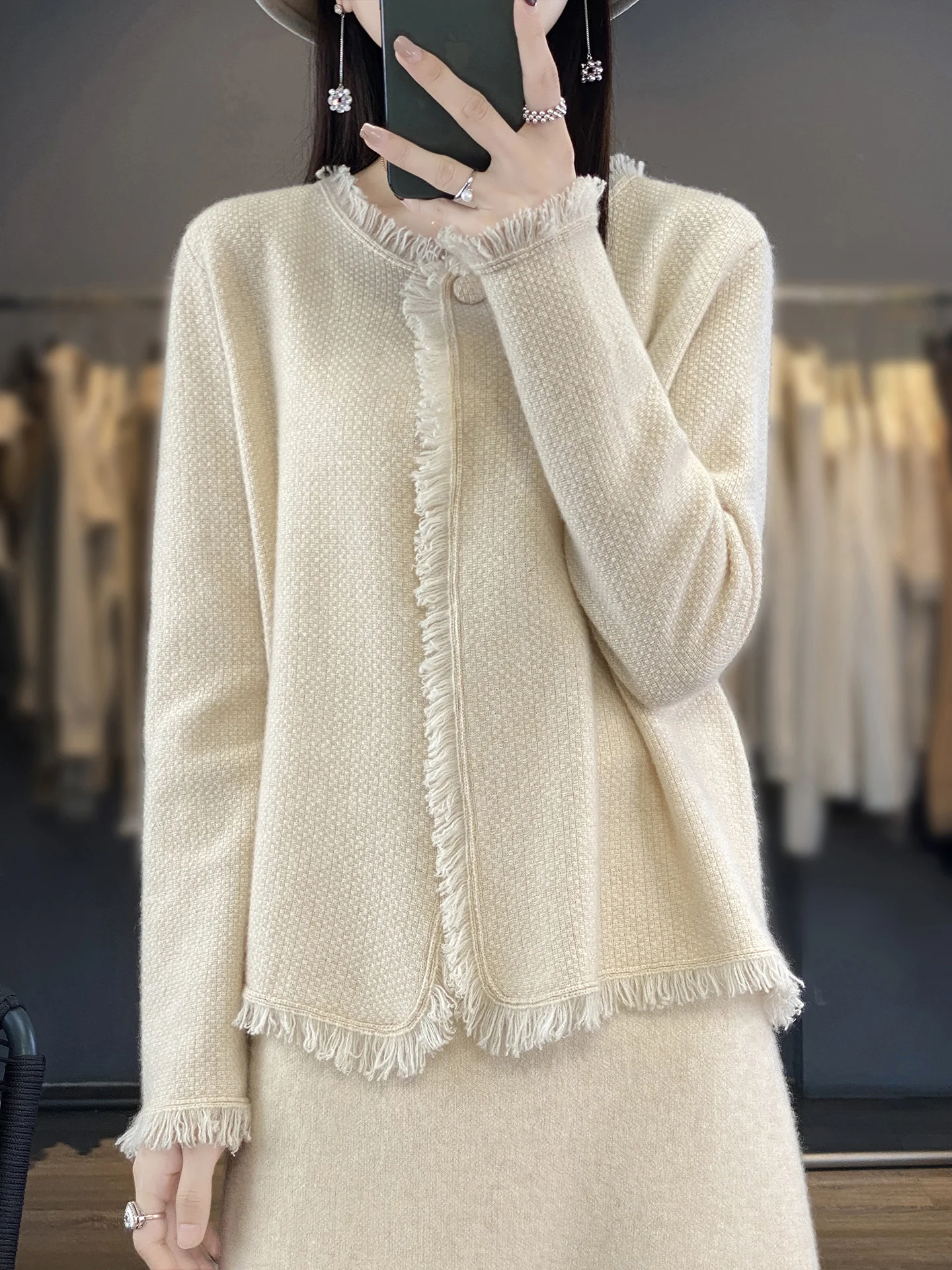Women Autumn Winter 100% Merino Wool Cardigan Crew Neck Fringe Trim Single Button Textured Fabric Long Sleeve Knit Outerwear