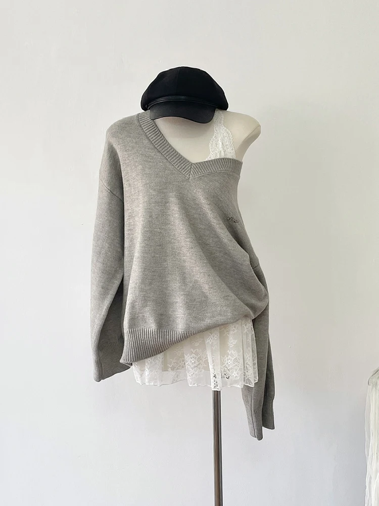 Winter Women Mori Girl Coquette Fake Two Pieces Knitwear Korean Shoujo 2000s Aesthetic Long Sleeve Sweater Gyaru + Lace Tops New