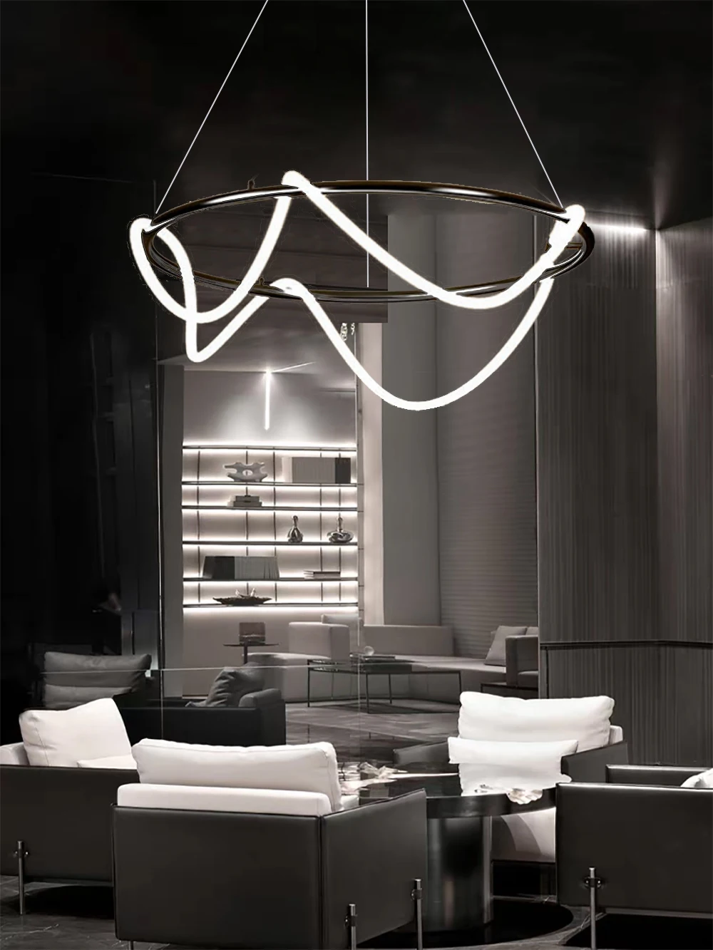 Minimalist Lights LED Neon Strip Ceiling Chandeliers Trendy Black/ Gold Hanging Lamps Home Lamps for Living Room Decoration