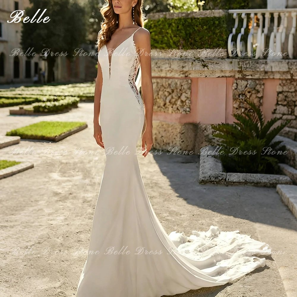 Belle Wedding Dress Beach Boho Mermaid V-Neck Spaghetti Strap Bride Dress Mermaid Court Train amanda novias oficial Customized