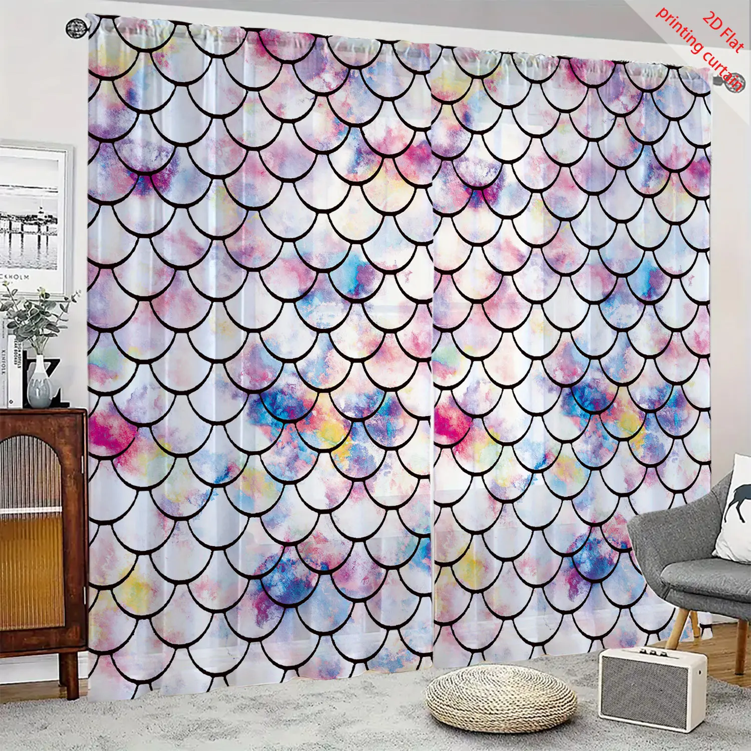 

Fish scale pattern 2D flat printing transparent gauze curtain, aesthetic home decoration, bedroom, living room and kitchen