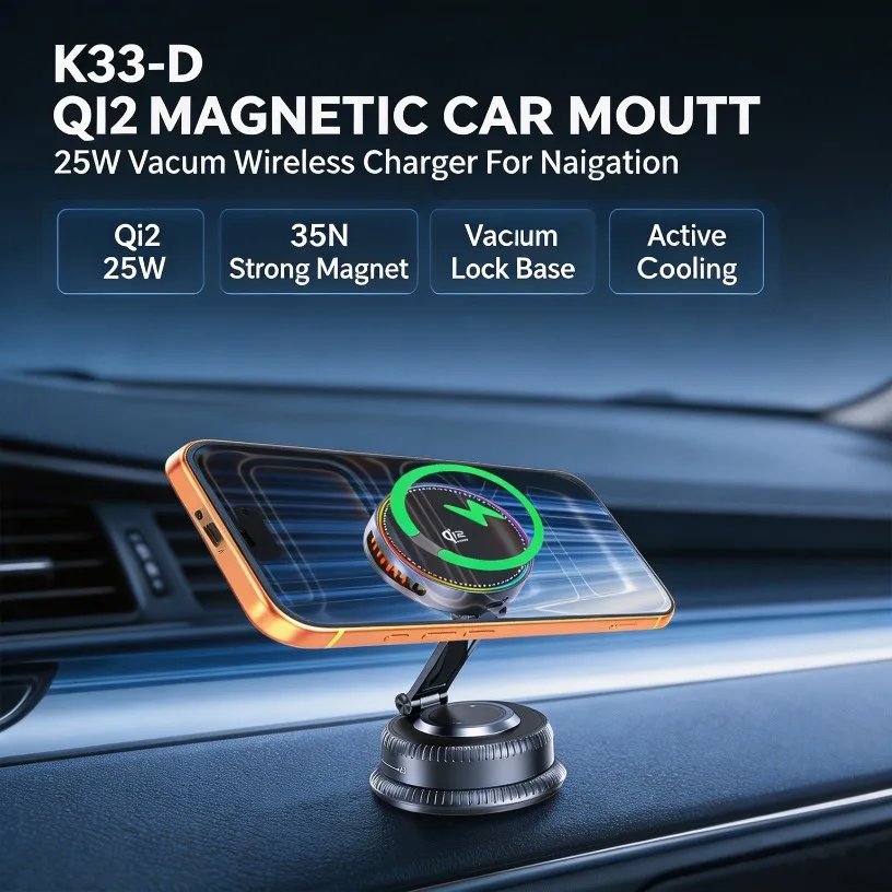 Vacuum Lock Magnetic Car Phone Holder 25W Qi2 Wireless Charger Suction Base Anti-Shake Cooling Fan N52 Magnet Foldable Arm