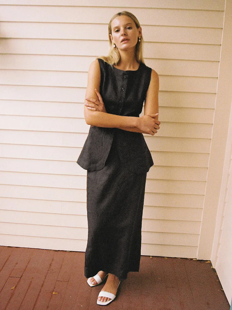 DGLUKE エレガントなツーピースセット レディース ボタンアップベストトップとロングスカートセット コットンリネン サマーコーデセット