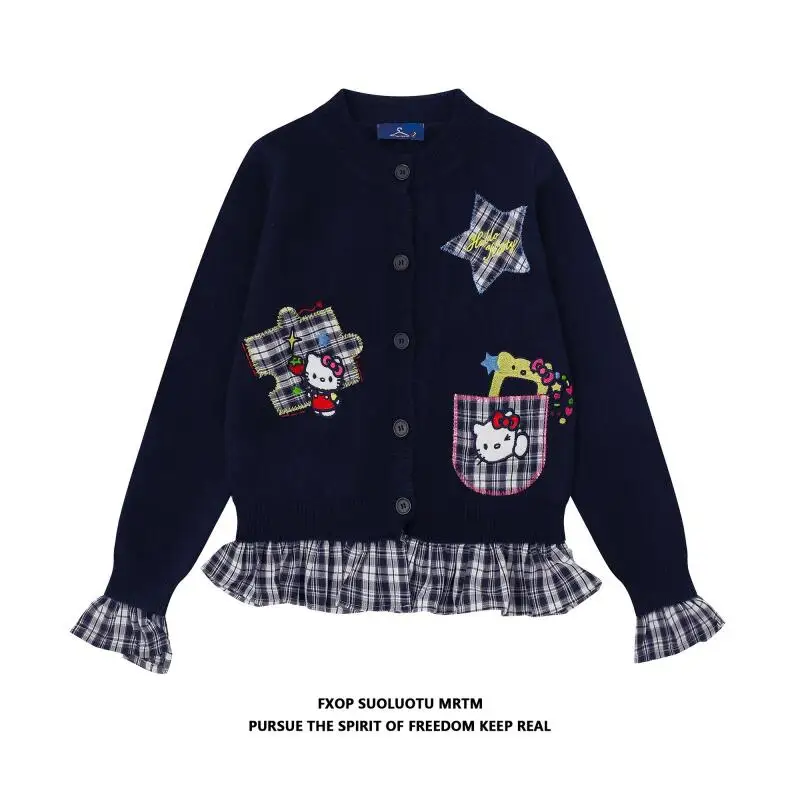 Coreano retro o-pescoço colagem de malha cardigan feminino outono moda versátil casual falso camisola de duas peças y2k casual jumpers