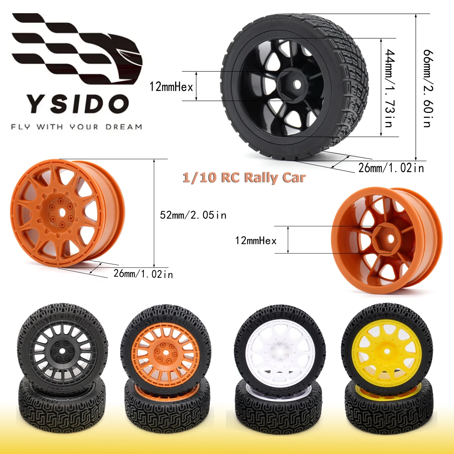 Ysido 66mm rc rodas pneus 12mm hex para 1/10 carro de rally caminhão deriva carro de corrida on-road tamiya tt02 traxxas hsp hpi redcat rc carro